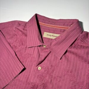 Tommy Bahama Mens XXL‎ Pink Cotton Silk Embroidered Short Sleeve Button Up Shirt